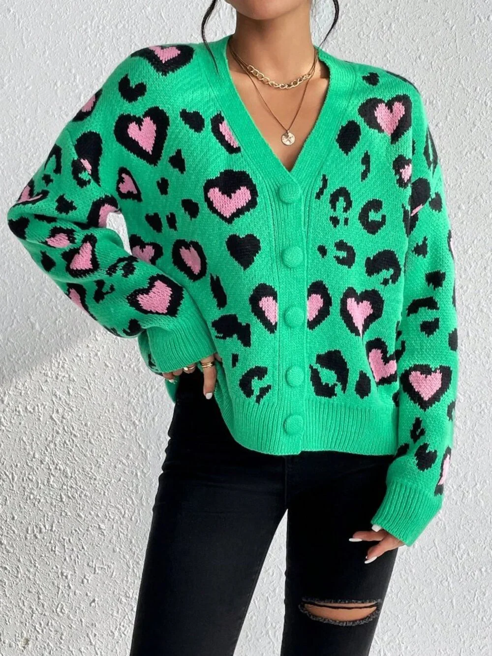 Multicolor Casual Women's V Neck Drop Shoulder Button Front Cardigan